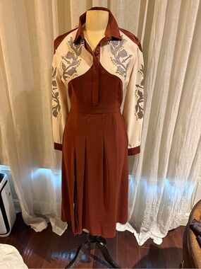 Glamorous Rust and Cream Embroidered Midi Shirt Dress